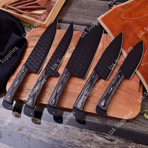 Custom Handmade 12C27 Stainless Steel Powder Coated Brushed Finish Hammered Blade 5 Pcs Professional Chef <b>Set</b> Ergonomic Black - Product Image 4