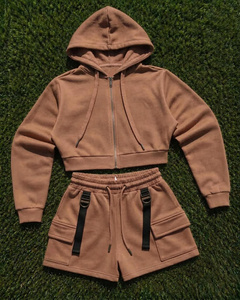 Wholesale Women Two Piece Hoodie Shorts Set Custom Logo <b>Cropped</b> Hoodie Cargo Shorts Casual Streetwear Manufacturer - Product Image 6