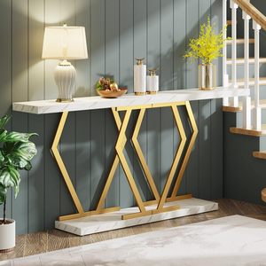 For Contemporary Wooden Luxury 180 cm Faux <b>Marble</b> Black <b>Console</b> <b>Table</b> with Gold Metal Base Accent <b>Table</b> for Entrance - Product Image 3
