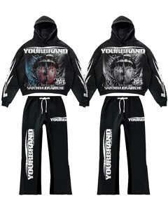 ชุดเสื้อฮู้ดผู้ชาย YOURBRAND สีดำ พิมพ์ลายดิจิทัล สไตล์สตรีทแวร์ สำหรับฤดูใบไม้ร่วง ผลิตจากผ้าโพลีเอสเตอร์ถัก น้ำหนัก 380 กรัม พิมพ์ลายเต็มตัว - Product Image 1