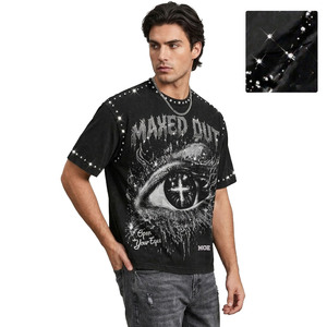 Camiseta Vintage Gráfica DTG Personalizada de Fabricante, de Lujo con Pedrería, Negra, para Hombre, Bajo MOQ, Lavado Ácido - Product Image 2