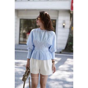 Camisa Elegante para Mujer al por Mayor, Ajustada, con Pliegue en la Espalda y Cintura, Cuello Redondo, Manga Larga, Algodón Lavado, Suave y Transpirable, para Oficina A8117 - Product Image 2