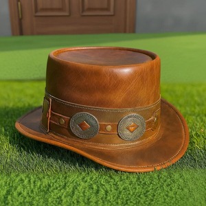Diseña tu propio sombrero de cuero marrón hecho a mano, unisex, estilo Steampunk, tipo vaquero, con conchos plateados. - Product Image 1