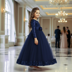 Vestido de Niña de Lujo con Lentejuelas Bordadas en Terciopelo Azul, Vestido de Princesa con Malla Suave para Bodas, Cumpleaños y Eventos - Product Image 2