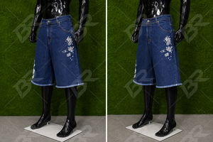 Shorts de Mezclilla Azules Holgados con 5 Bolsillos, Bordados y Costuras en Contraste, Cintura Media, para Verano - Product Image 2