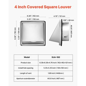 Copertura per presa d'aria quadrata da 4 pollici in acciaio inossidabile premium per tetto a falda, estrattore esterno da parete con protezione integrata, coperture per prese d'aria a lamelle a S - Product Image 2