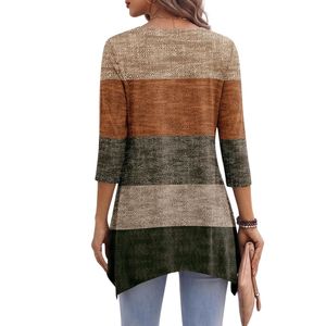 Chemise en rayonne à rayures ombrées aux tons terreux, grande taille, col rond, ourlet drapé, de haute qualité, tunique pour femmes - Product Image 2