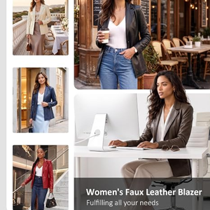 Blazer en similicuir coupe ajustée pour femme, veste de costume à revers, manteau élégant aspect cuir pour le bureau et les événements - Product Image 4