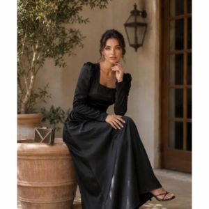 Vestido de noche de satén negro de lujo para mujer – Vestido de fiesta largo hasta el suelo con manga larga - Product Image 6