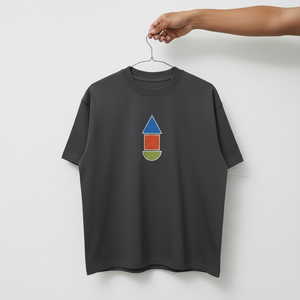 เสื้อยืดทรงบ็อกซี่สีเทา สตรีทแฟชั่นแนวสตรีทแวร์ ผ้าคอตตอนเจอร์ซีย์หนา 300GSM พิมพ์ลายกราฟิกทรงเรขาคณิต ไหล่ตก สำหรับผู้ชาย - Product Image 3