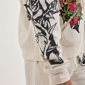 Sudadera con capucha blanca con cremallera para hombre, estilo oversize, con estampado de calavera serigrafiado, de felpa francesa de algodón. - Product Image 4