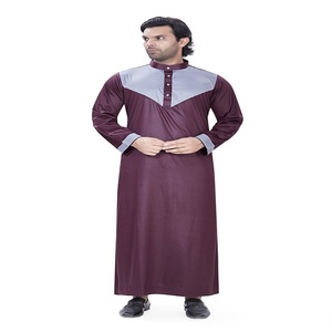 <b>Men's</b> Maroon Grey Colorblock Long Sleeve <b>Thobe</b> Floor Length Stand Collar Regular Fit Modest Middle Eastern Style Daily Wear - Product Image 3