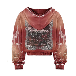 Ensemble de survêtement femme bordeaux délavé avec strass squelette, comprenant un sweat à capuche court zippé et un pantalon large, style gothique Y2K streetwear, deux pièces tendance - Product Image 5