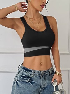 Soutien-gorge de sport sans couture pour femme |   Débardeur de sport noir bicolore |   Soutien-gorge de sport rembourré en nylon et élasthanne avec rayures grises - Product Image 4