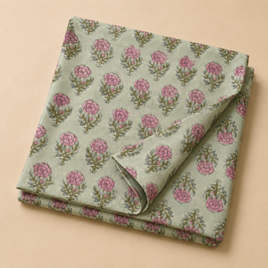 Tela de Algodón Estampada a Mano con Diseño Floral Buta en Verde Salvia y Rosa, Suave y Transpirable, para Confección de Kurta y Decoración del Hogar - Product Image 4
