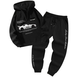Nouvel ensemble de survêtement noir à capuche pour homme, manches longues, fermeture éclair frontale, imprimé voiture, streetwear, pantalon de jogging avec poches latérales, pour l'automne - Product Image 2