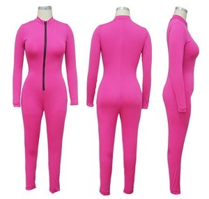 Mono largo rosa para mujer, manga larga, cuello alto, cremallera frontal, cintura alta, ajuste ceñido, ropa de club, elastano, poliéster - Product Image 1