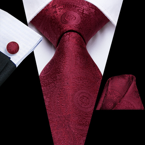 ชุดเนคไทของขวัญสำหรับผู้ชาย Hi-Tie สีแดงไวน์เบอร์กันดี ลายเพสลีย์ ผ้าไหม สำหรับงานแต่งงาน ดีไซน์ทันสมัย คุณภาพสูง พร้อมผ้าเช็ดหน้า - Product Image 1