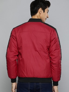 Men's Red Bomber Jacket With Black Trim And Letter Print Sleeve Casual Autumn Wear Zipper Front Turn-<b>down</b> Collar - Product Image 2