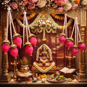 Handmade Indian Traditional Lotus Bud Pearl Solawood Wall Hanging for Diwali Home Office Pooja Room <b>Mandir</b> - Product Image 3