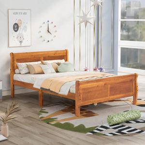 Traditional <b>Queen</b> <b>Size</b> Solid Oak Wood Platform <b>Bed</b> <b>Frame</b> with Headboard & Footboard No Spring Box Needed for Teens & Adults - Product Image 3