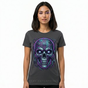 เสื้อยืดลายกราฟิกกะโหลกแบบซูเรอเรียลสำหรับผู้หญิง พิมพ์ลายซอมบี้แบบกลไก เสื้อยืดดีไซน์ศิลปะ เสื้อผ้าฝ้าย แฟชั่นที่ไม่ซ้ำใคร - Product Image 5