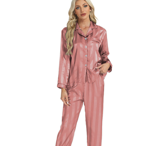 Conjunto de pijama de satén negro para mujer, ropa de dormir de manga larga a rayas con cuello con muescas y botones, pantalones de dormir de 2 piezas - Product Image 2