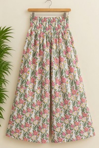 Women's Cotton Palazzo Pants High Waist Smocked Wide Leg <b>Trousers</b> Floral Pattern Breathable Eco-Friendly Summer Boho ODM Custom - Product Image 5