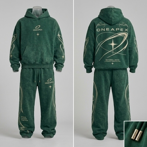 Conjunto de Sudadera con Capucha y Pantalones Jogger Oversize para Hombre, Verde con Lavado Ácido, de Algodón Pesado, Estilo Urbano, Ropa Deportiva a Juego, Prendas Personalizadas - Product Image 3