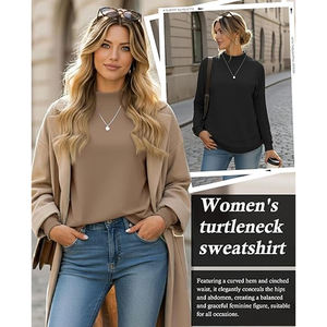 Camiseta de manga larga para mujer en verde taupe y negro con dobladillo curvo, cuello de canalé corto, frente liso y corte largo relajado, ropa casual - Product Image 5