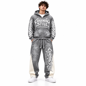 Ensemble de jogging streetwear d'hiver personnalisé avec logo, respirant, 100 % coton, survêtement à capuche et pantalon de survêtement évasé à jambe droite - Product Image 1