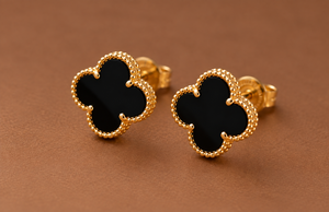 925 Sterling Silver Stud Earrings White Gold Plated Black Onyx Beaded Clover Ear Jewelry for Women - Product Image 2