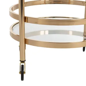 Chariot de bar rond en métal doré avec étagères en verre et roulettes pour le service de fête, style glamour, design durable - Product Image 5