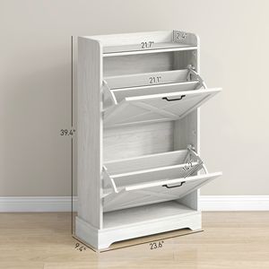 Mobiletto Portascarpe Stile Rustico con 2 Cassetti Ribaltabili e Ripiani Regolabili, Contiene 8 Paia, Finitura Bianco Anticato - Product Image 3