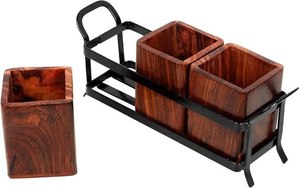 Porte-ustensiles en bois, support à couverts, organisateur de cuillères, fourchettes et couteaux, rangement pour comptoir de cuisine, support en bois rustique - Product Image 5