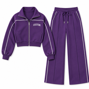 Trendy Purple Color Womens Piped Tracksuit Cropped Zip Jacket Wide Leg <b>Pants</b> Set Two Piece Fleece Activewear Sweatsuits For Gyms - Product Image 3