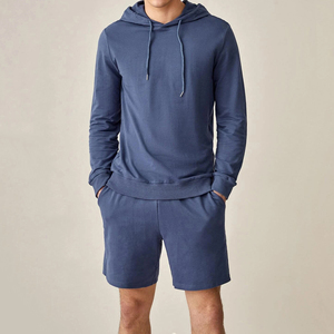 Men's Solid Color Hoodie and Shorts <b>Set</b> Casual <b>Knitted</b> 100% Cotton Summer Wear Blue - Product Image 6
