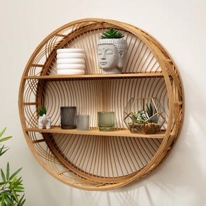 Modern Handwoven Rattan Bamboo Round Wall Shelf Decorative Storage <b>Rack</b> for High-End Spa and Hotel Wall Display - Product Image 1