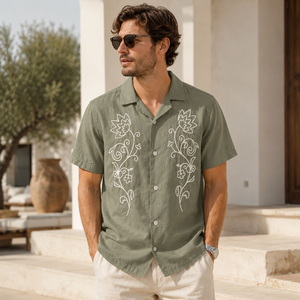 Premium Casual Mens Ivory Cotton Shirt Half Sleeve Floral Embroidery Button <b>Down</b> Resort Shirt - Product Image 1