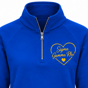Sudadera universitaria de mujer Sigma Gamma Rho con media cremallera, azul real, personalizada, estilo universitario informal - Product Image 6