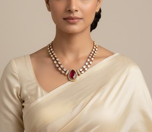 Luxury Ruby Red Teardrop Pendant <b>Necklace</b> Set Gold Plated Kundan Polki Bridal Wedding Jewelry with <b>Matching</b> Earrings for Women - Product Image 3