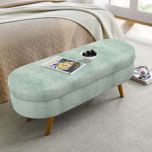 Banc de rangement ovale Ottoman gris et cyan 43,5"x16"x16" avec pieds en bois d'hévéa pour meubles de salon - Product Image 3