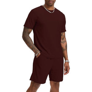 Men's Burgundy Cotton T-Shirt and Shorts Set Crew Neck Short Sleeve Solid Color Casual Summer Wear Breathable Knitted <b>Fabric</b> - Product Image 5