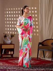 Wholesale Elegant Multi Color Floral Printed Silk <b>Saree</b> Luxury Soft Satin Indian Traditional Wear Women Summer Party <b>Blouse</b> - Product Image 4