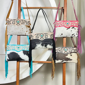 New Genuine Cowhide Western Leather Fringe Bag Hand Tooled Floral Design Turquoise Accent Shoulder Crossbody Handbags for Female - Product Image 5