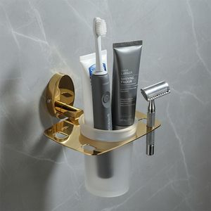 Support mural pour brosse à dents et gobelet, organisateur de salle de bain en acier inoxydable finition or, support en verre pour accessoires - Product Image 4