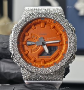 Montre de luxe pour homme Hip Hop, cadran orange, boîtier rond, lunette en moissanite VVS, montre-bracelet analogique-numérique - Product Image 1