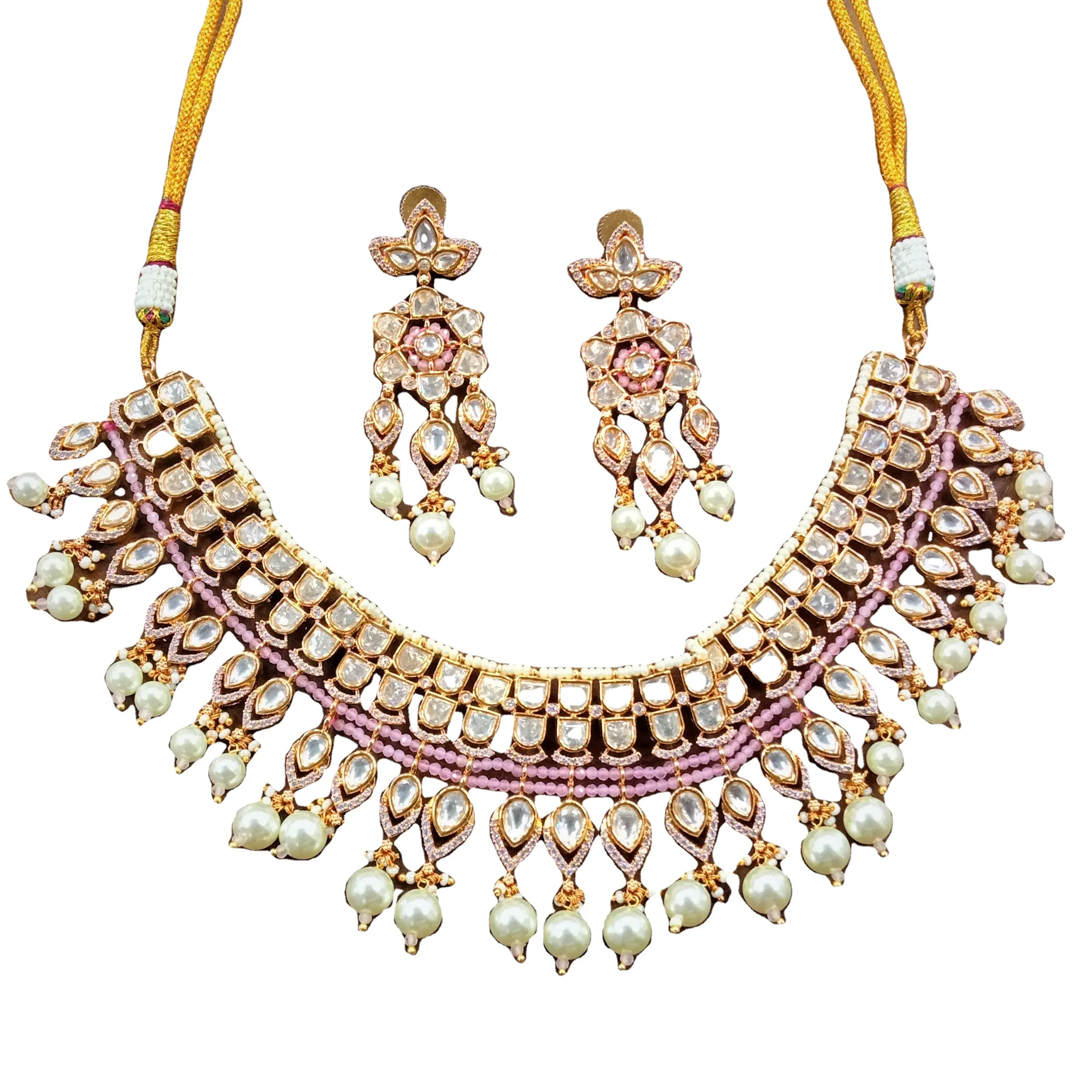 Collier de perles de mariée Kundan traditionnel indien avec boucles d'oreilles pour femmes ethnique Bollywood fête bijoux de mode