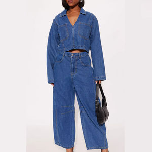 Conjuntos de dos piezas de mezclilla casuales a la moda para mujer, chaqueta de mezclilla y pantalones sin mangas, traje de mezclilla ajustado de verano para venta en línea - Product Image 1