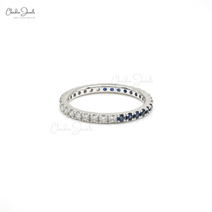 Bague d'éternité en saphir bleu naturel de 1,7 mm à taille ronde avec anneau empilable en or blanc massif 14 carats et diamants, pour mariage et fiançailles - Product Image 2